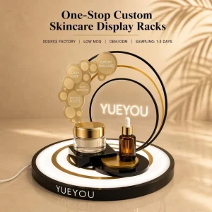 LED Neon Logo Foldable Acrylic Cosmetic Display Stand with Concentric Ring Design Illuminated Skincare Cream Serum Counter