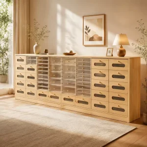 Large Capacity Solid Wood Nail Polish Chest Drawers with See Through Acrylic Front Rustic Nail Color Display Cabinet for Salon