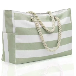 Large Capacity Waterproof Shopping Bag Casual Shoulder Bag for Women Striped Canvas Beach Tote Bag Rope Handles