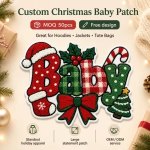 Large Christmas Baby Chenille Patch Custom Embroidered Badges for Varsity Jackets Hoodies Tote Bags MOQ 50pcs