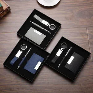 Leather Card Holder, Business Card Box, Signature Pen and Keychain Set, Geometric Design