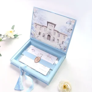 Light Blue Velvet Hardcover Wedding Invitation Box Custom Venue Illustration Wax Seal Timeline Card for Wedding