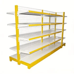 Light Duty Double-Sided Metal Supermarket Shelves with Wire Back Space Saving Display Racks for Convenience Stores