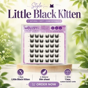 Little Black Kitten Pre-Glued Thin Slice Lashes Cat Eye Individual Clusters 1pc Custom Back Card Private Label