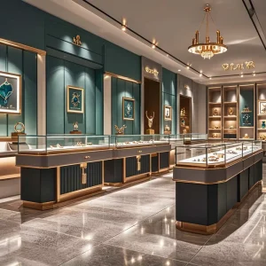 Luxurious Jewelry Display Cabinet LED Light Steel coated Glass Display Cabinet Customized Design Display Stand Showroom