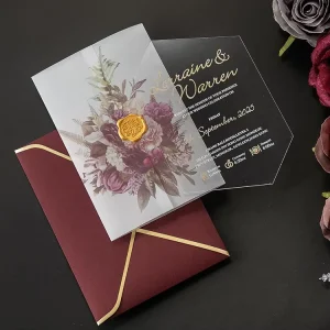 Luxury 5*7 Inches Gold White UV Printed Clear Acrylic Wedding Invitation Card Vellum Cover with Foiled Envelope