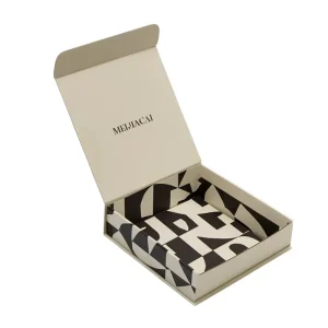 Luxury Beige Matte Magnetic Gift Box Black White Geometric Inner Print Custom Logo Fashion Apparel Cosmetics Gift Packaging