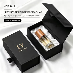 Luxury Black Custom Perfume Packaging Box with Embossing UV Coating Sponge Liner Magnetic Lid Rigid Box