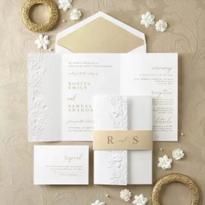 Luxury Blind Deboss Wedding Invitation Suite, Embossed Floral Craft, 300gsm Cotton Cardstock + Floral Lined Envelope