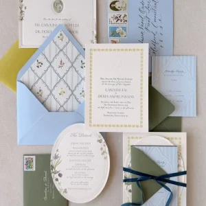 Luxury Blue Ivory Botanical Wildflower Textured Paper Wedding Invitation Suite With Envelope Ribbon Foil Embossed CustomPrinting