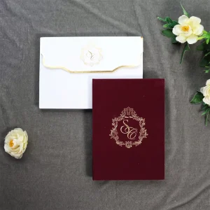 Luxury Burgundy Velvet Hardcover Invitation with Custom Monogram and Envelope for Wedding Event and Invitation Supplies