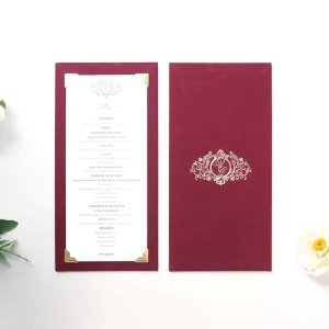 Luxury Burgundy Velvet Single Sided Wedding Menus Restaurant Style Gold Foil Stamped Logo Gold Wraps Personalized Menus