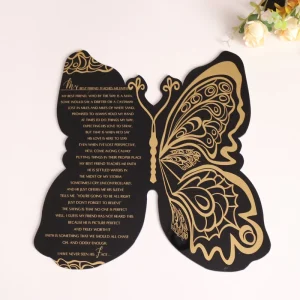 Luxury Butterfly Shaped Black Mirror Acrylic Custom Wedding Invitation Thank You Menu Card With Gold Foil