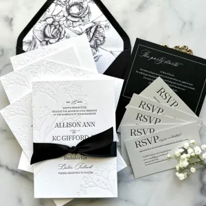 Custom Embossed Flower Wedding Invitations Black Ribbon Luxury Digital Printing Wedding Cards Offset Paper RSVP Envelope Set
