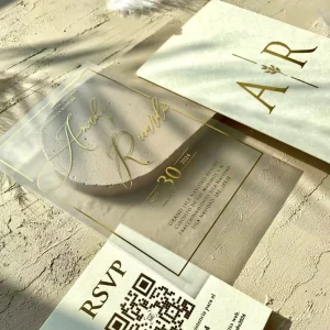 Luxury Clear Acrylic Gold Border Spanish Wedding Invitation AR Monogram RSVP QR Custom Printing