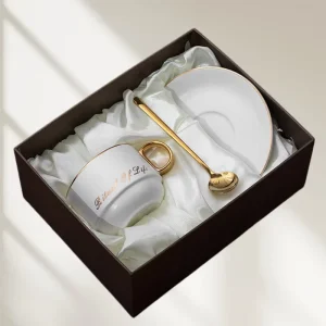 Luxury Coffee Cup Set With Gold Handle Saucer and Spoon Custom Logo Gift Box for Business Client and Festival Gifting