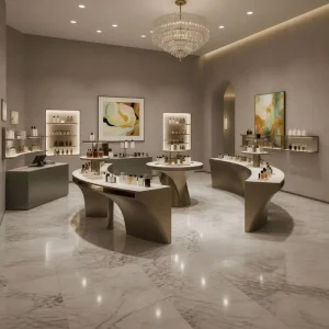 Luxury Cosmetic Store Display Furniture Custom Curved Perfume Showcase Skincare Product Retail Counter With LED Light