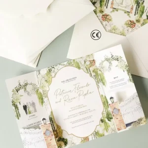 Luxury Cream Green Garden Watercolor Textured Cotton Paper Wedding Invitation Tri Fold Card Gold Border Custom Printing