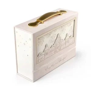 Luxury Custom Book-Style Gift Box with Metal Handle | Rigid Cardboard Packaging, Foil Stamping, Embossed & Die-Cut Design