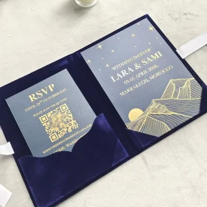 Luxury Dark Blue Velvet Wedding Invitation Cards with Custom Gold Foil Pattern Handmade Folio Design for Wedding Parties