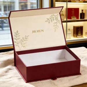 Luxury Deep Red Magnetic Gift Box Custom Gold Foil Logo Botanical Print Rigid Cardboard Apparel Boutique Packaging Box