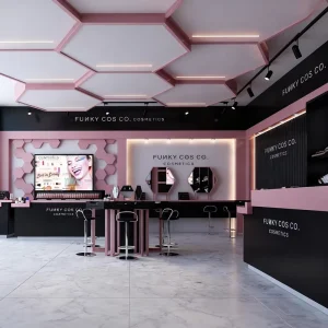 Luxury Edgy Makeup Style Display Stand Showcase Factory Interior Design Wood LED for Trendy Beauty Stores