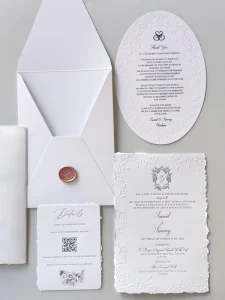 Luxury Embossed Floral Wedding Invitation Suite with Vellum Wrap Wax Seal Handcrafted Letterpress Elegant Timeless Invites Card