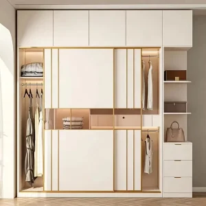Luxury Glass Door Walk In Closet Modern Dark Wood Wardrobe System with Integrated LED Lighting Modular Armoire