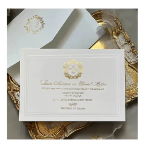 Luxury Gold Foil Embossed Frame White Cotton Paper Handmade Letterpress Wedding Invitation Cards With Envelope