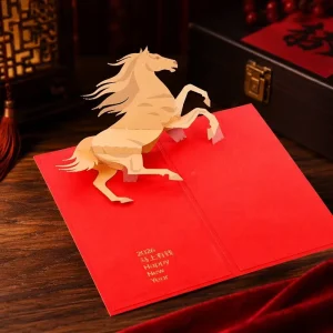 Luxury Gold Foil Stamping 3D Pop Up Lucky Money Greeting Card Custom Gold Stamping Logo Horse Red Greeting Card