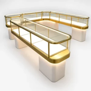 Luxury Gold Frame Lockable LED Illuminated Lighting Glass Counter Bespoke Jewelry Display Showcase