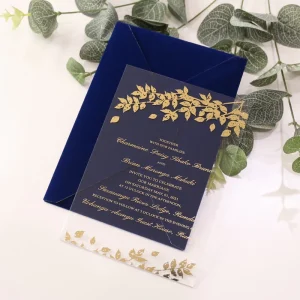 Luxury Gold Leaf Clear Acrylic Invitations With Blank Navy Blue Velvet Envelopes Custom Wedding Stationery