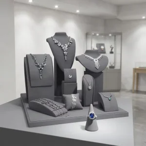 Luxury Gray Jewelry Display Stand Golden Metal Holder for Rings Pendants Necklaces and Busts Jewelry Container