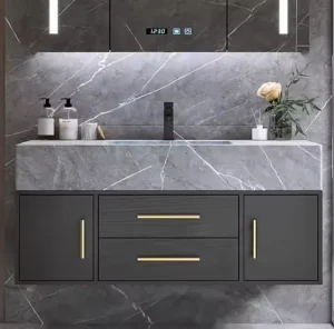 Luxury Gray Style Home Use Single Sink Mirror Cabinet Melamine Board Floating LED Touch Illuminate Mirror Bathroom Vanities