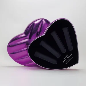 Luxury Heart Shaped Purple Metallic PU Leather Cosmetic Gift Box with Custom Paper Insert for Lipstick Makeup Packaging