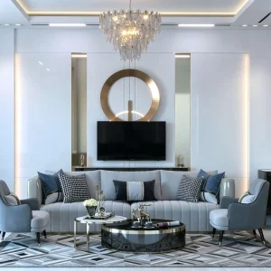 Luxury High Gloss One-stop Residential Interior Customization Gold Metal Trim Living Dining Room Built-in Furniture OEM ODM