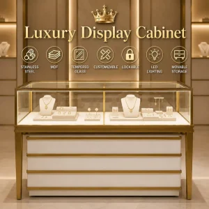 Luxury Jewelry Display Showcase Tempered Glass Cabinet with LED Light Lockable Custom Size