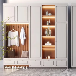 Luxury Ladies Walk-in Closet Custom White Glass Wardrobe Round Mirror Pink Vanity With Plush Rug Greenery Built-in Lighting