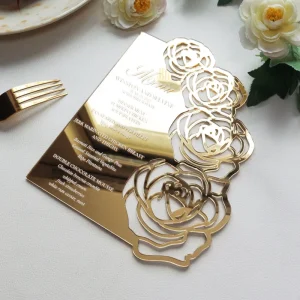 Luxury Laser Cut Hollow Rose Gold Mirror Acrylic Wedding Menu Birthday Party Invitations