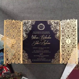 Luxury Laser Cut Wedding Invitation With Metal Flower on the Front