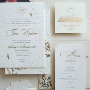 Luxury Letterpress Wedding Invitation Gold Foil Stamped Blind Embossed Venue Illustration Invite Card with Floral Envelope Liner