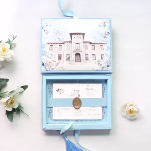 Premium Light-Blue Velvet Invitation Box with Watercolor Venue Print & Clear Acrylic Cards Includes Schedule Cards for Wedding