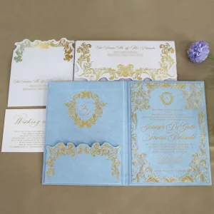 Luxury Light Blue Velvet & Paper Hardcover Handmade Customized Wedding Invitation Gold Foil Monogram Matching Envelope Set