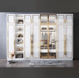 Luxury Modern Dual Zone Wardrobe White Gold Trim Glass Doors Open Shelves Closed Storage Display