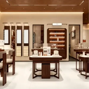 Luxury Optical Shop Design with Custom Walnut Store Fixtures and Turnkey Eyewear Retail Interior Solution
