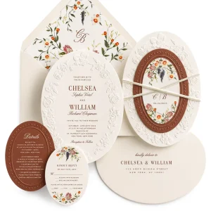 Luxury Oval Wedding Invitation Suite with Embossed Floral Design Custom Printing and Premium Cardstock