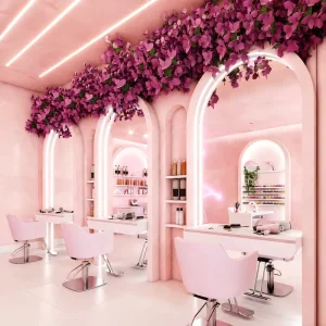 Luxury Pink Beauty Salon Interior Design with Custom MDF Hair Stations Nail Tables Salon Furniture and Turnkey Fit Out Project
