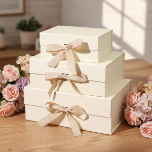 Luxury Rigid Magnetic Closure Matte Gift Box With Ribbon For Gifts Custom Logo Magnetic Beige Gift Boxes