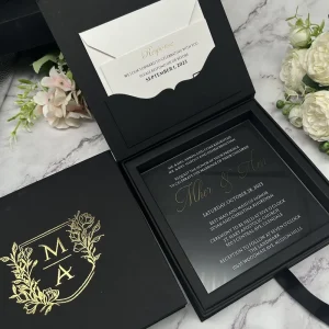 Luxury Square Black Hardcover Wedding Invitation RSVP Set Custom Logo Printed on Acrylic and Paper Elegant Invitations Card