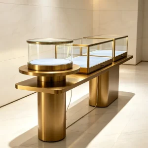 Luxury Stainless Steel Gold Jewelry Display Cabinet Round Glass Showcase Jewelry Display Counter